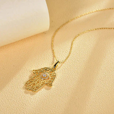 14K Gold Hamsa CZ diamonds Evil Eye Pendant Necklace -