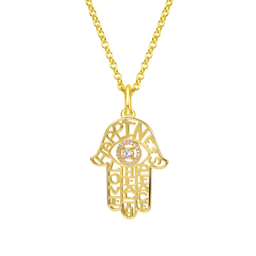 14K Gold Hamsa CZ diamonds Evil Eye Pendant Necklace -