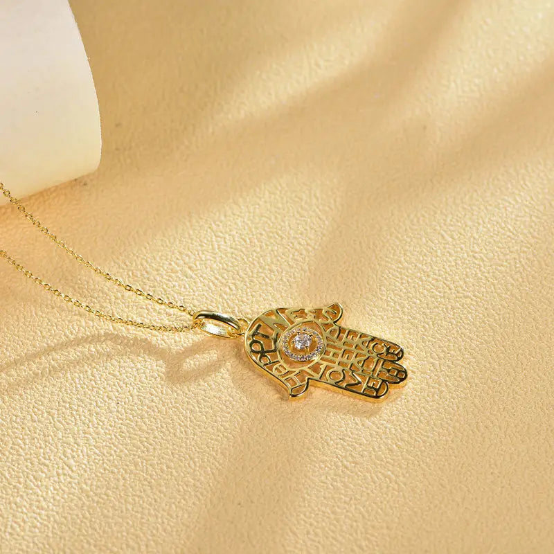 14K Gold Hamsa CZ diamonds Evil Eye Pendant Necklace -