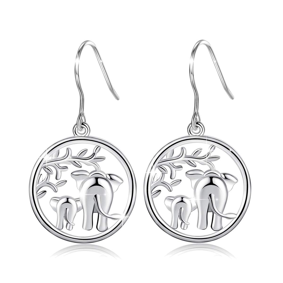 Elephant Mom and Baby Under Tree Drop Earrings