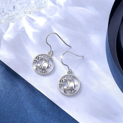 Elephant Mom and Baby Under Tree Drop Earrings