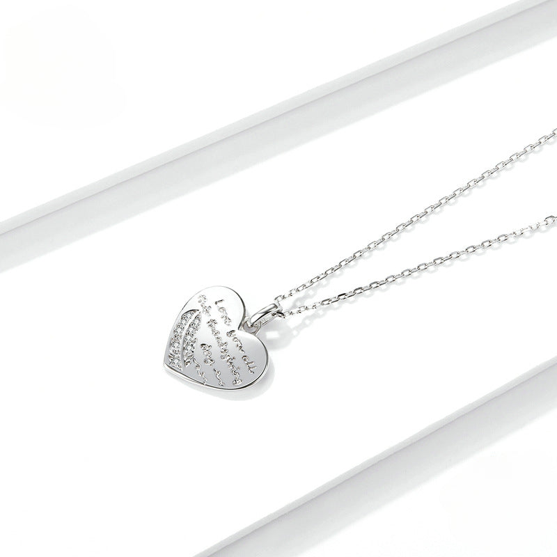 Sterling Silver Heart Shaped Feather Engraved Pendant Necklace