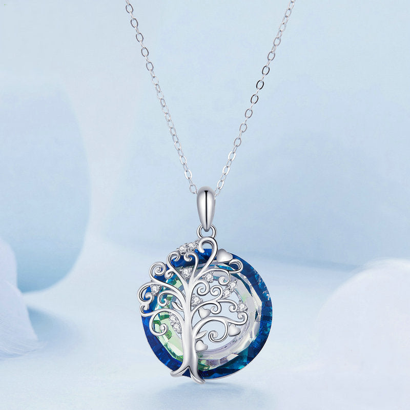 Sterling Silver Blue Cubic Zirconia Tree of Life Pendant Necklace