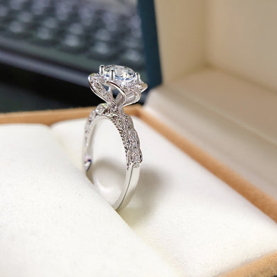 Sterling Silver Moissanite Flower Holding Engagement Ring