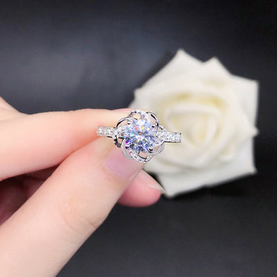 Sterling Silver Moissanite Flower Holding Engagement Ring