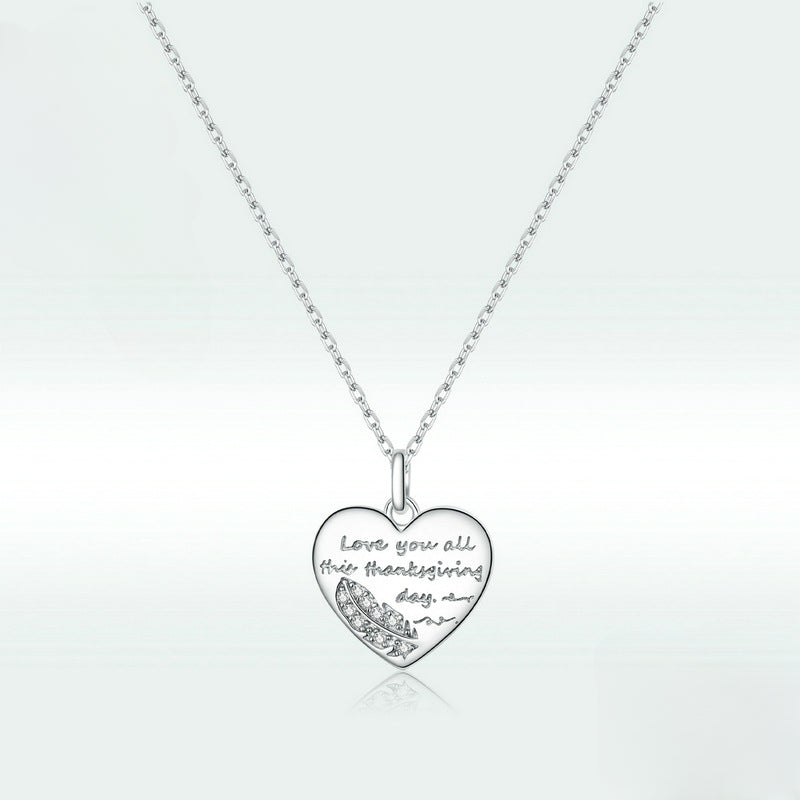 Sterling Silver Heart Shaped Feather Engraved Pendant Necklace