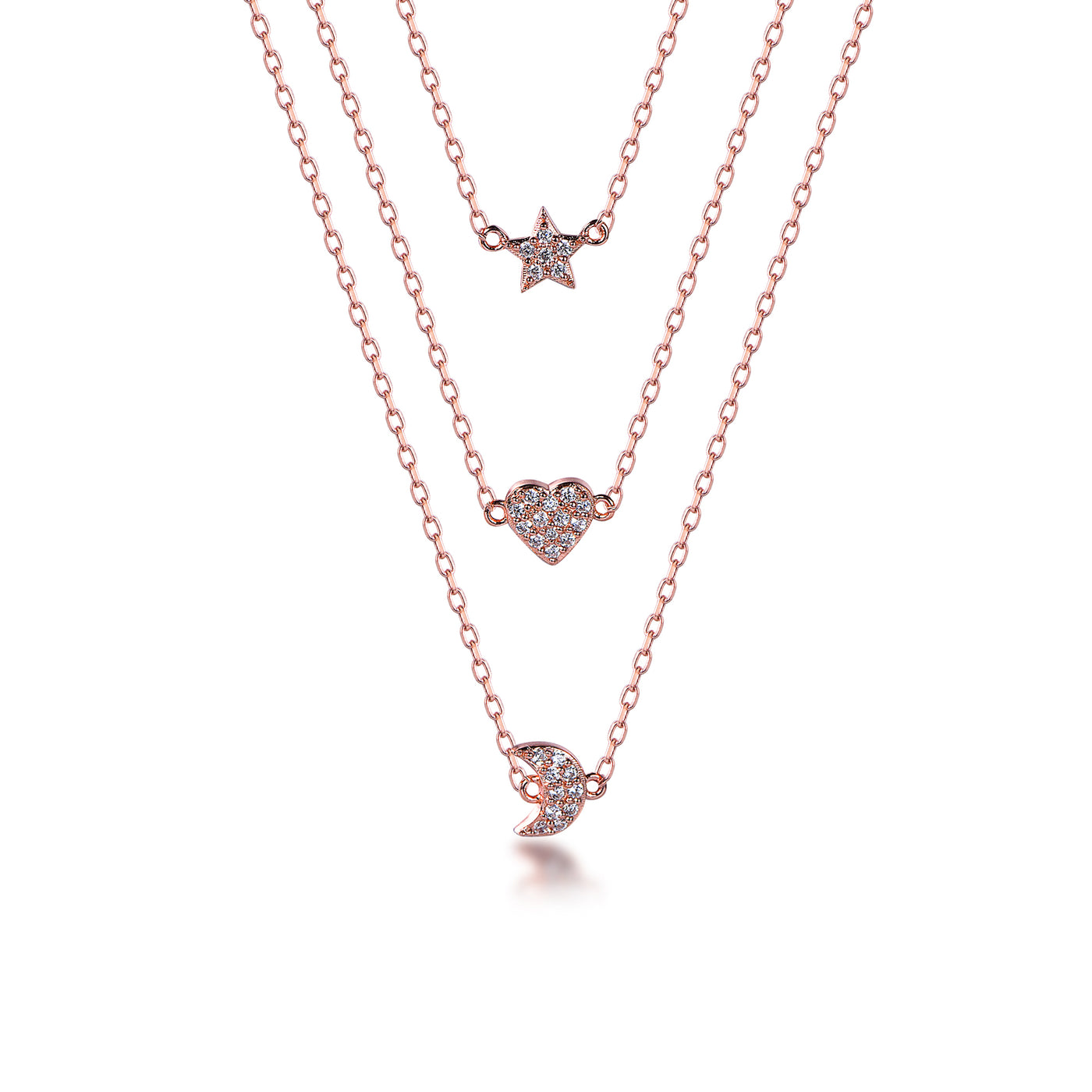 Rose Gold Heart Moon And Star Charms Layered Necklaces