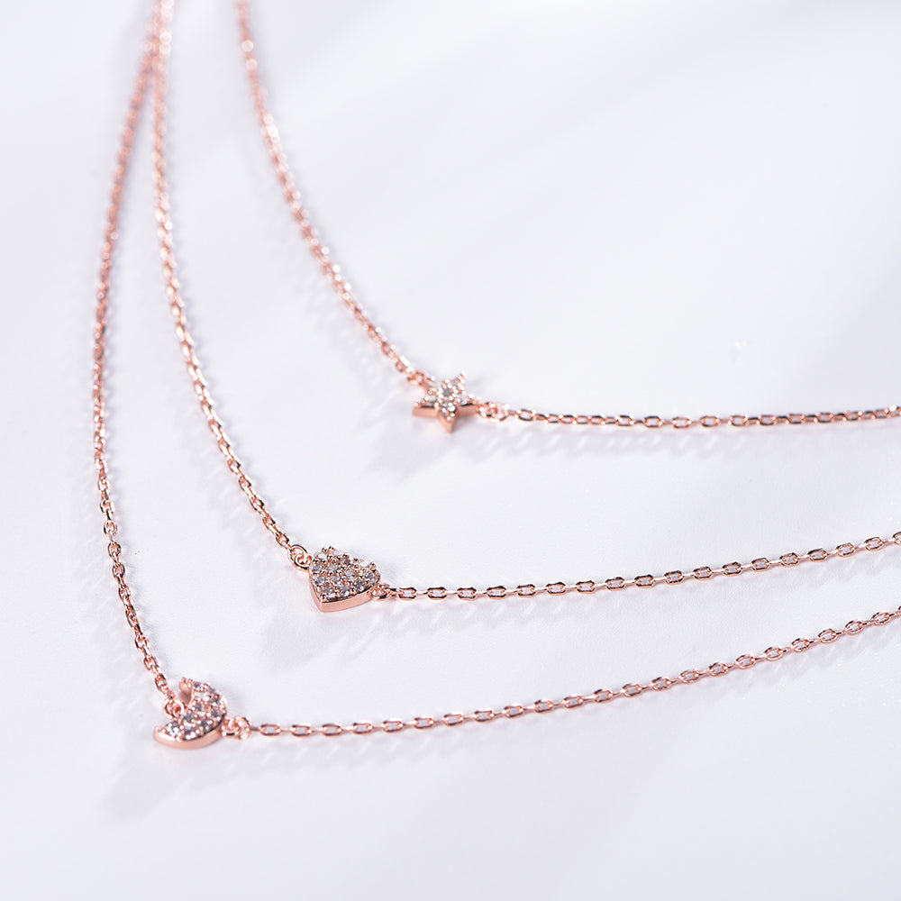 Rose Gold Heart Moon And Star Charms Layered Necklaces