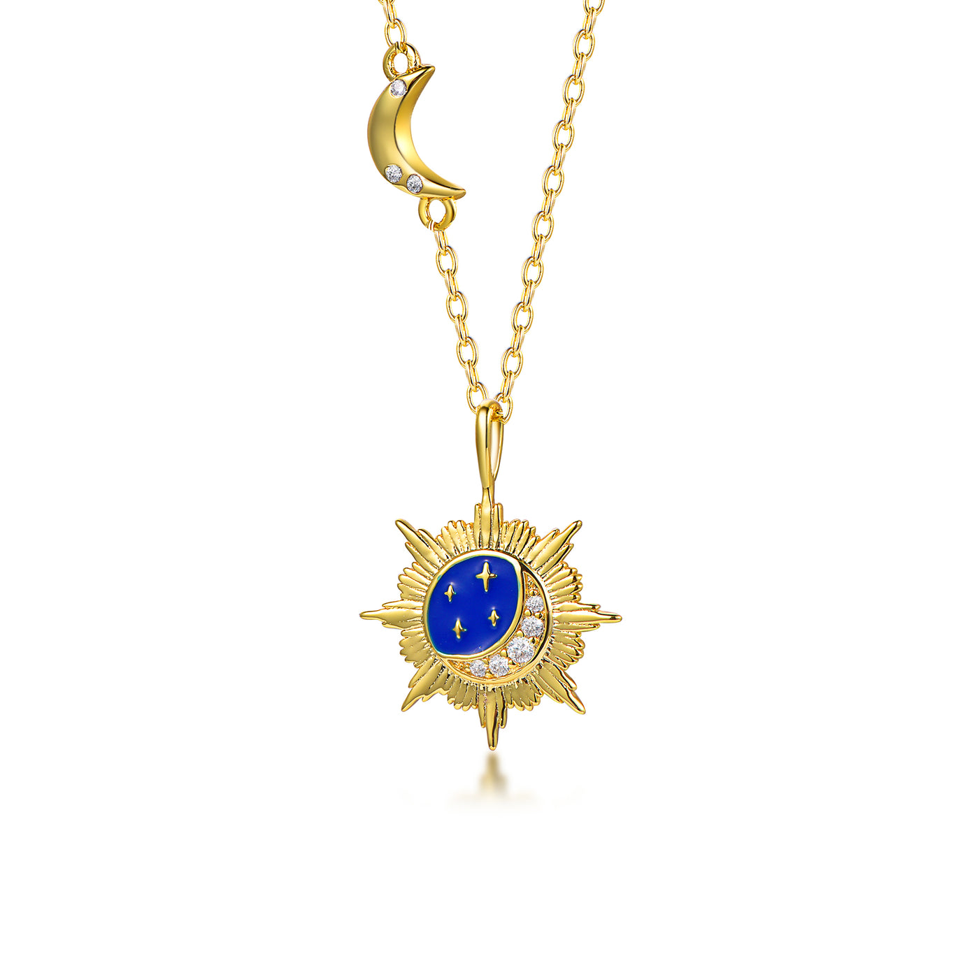 Dainty Sunburst Crescent Moon Stars Necklace