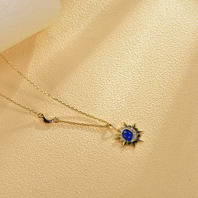 Dainty Sunburst Crescent Moon Stars Necklace