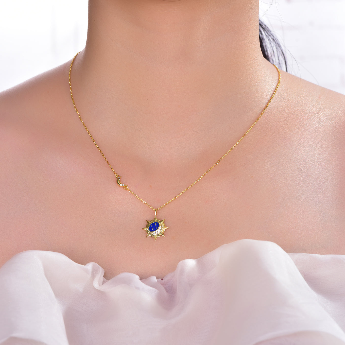 Dainty Sunburst Crescent Moon Stars Necklace