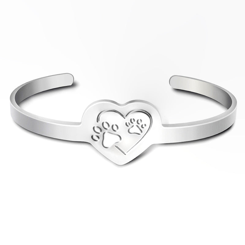 Sterling Silver Heart and Paw Cuff Bracelet