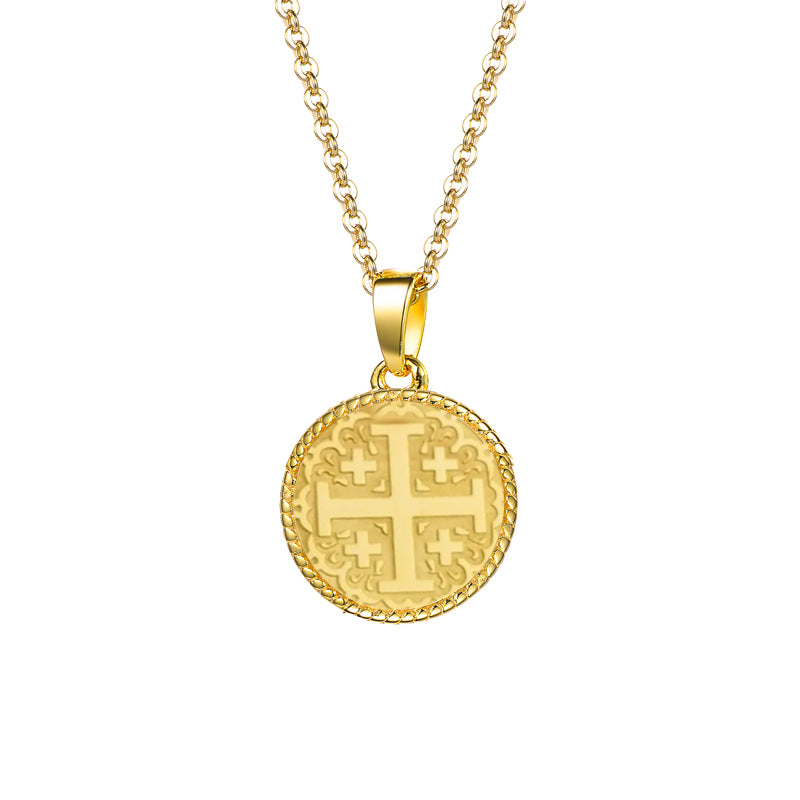 Yellow Gold Jerusalem Cross Medallion Pendant Necklace