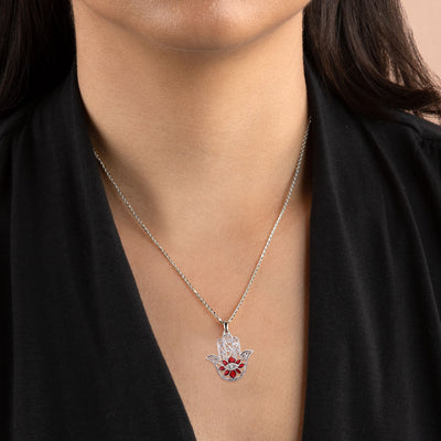 Lotus Flower Evil Eye Hamsa Hand Pendant Necklace