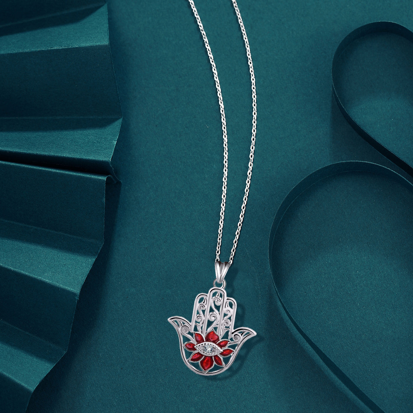 Lotus Flower Evil Eye Hamsa Hand Pendant Necklace