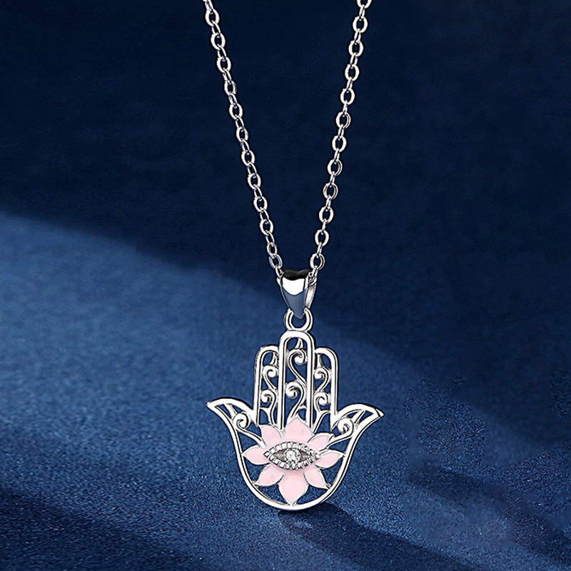 Lotus Flower Evil Eye Hamsa Hand Pendant Necklace