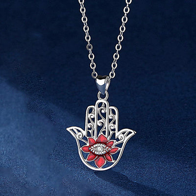 Lotus Flower Evil Eye Hamsa Hand Pendant Necklace