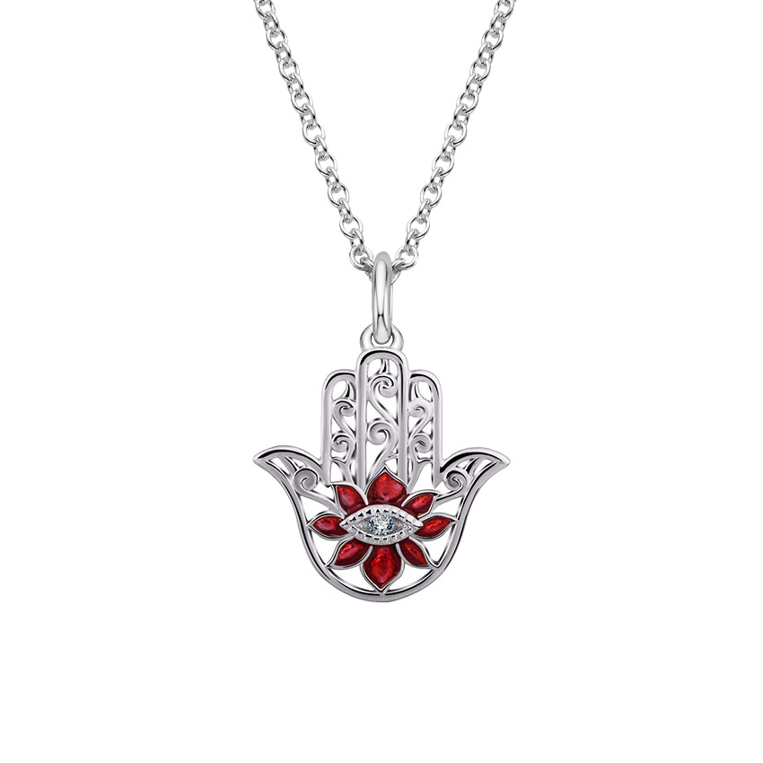 Lotus Flower Evil Eye Hamsa Hand Pendant Necklace