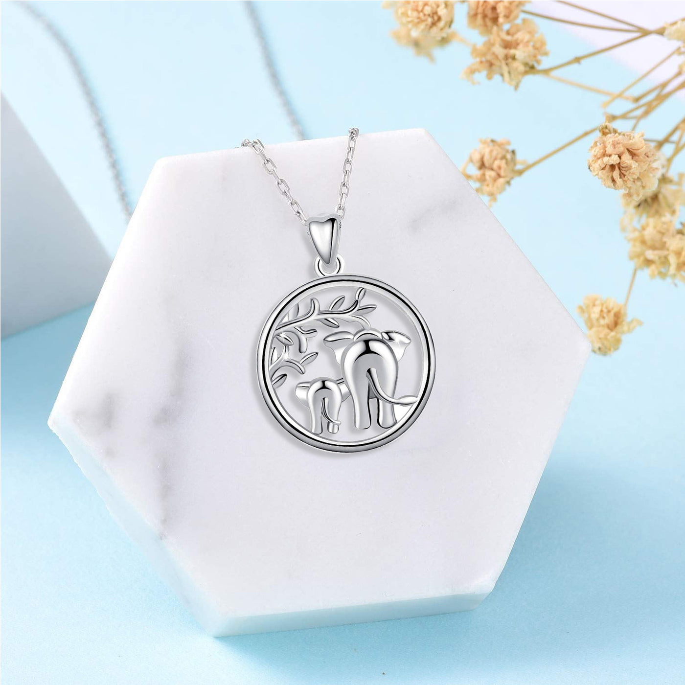 Elephant Mom and Baby Under Tree Pendant Necklace