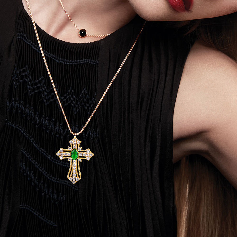 Natural Emerald Cross Pendant Necklace