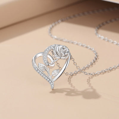 Sterling Silver Rose Flower Heart Pendant Necklace