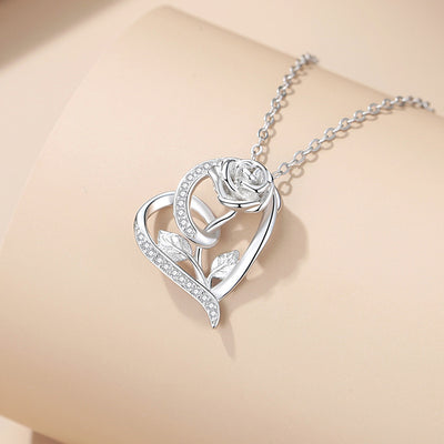 Sterling Silver Rose Flower Heart Pendant Necklace