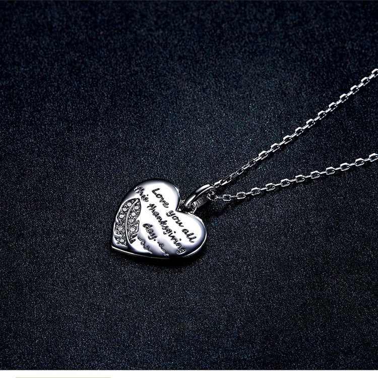 Sterling Silver Heart Shaped Feather Engraved Pendant Necklace