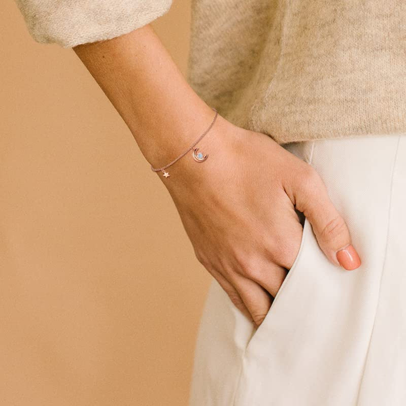 Rose Gold Crescent Moon And Star Moonstone Bracelet