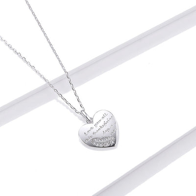 Sterling Silver Heart Shaped Feather Engraved Pendant Necklace