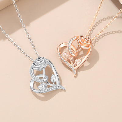 Sterling Silver Rose Flower Heart Pendant Necklace