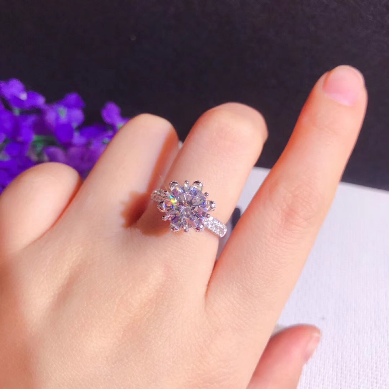 Sterling Silver Flower Moissanite Engagement Ring