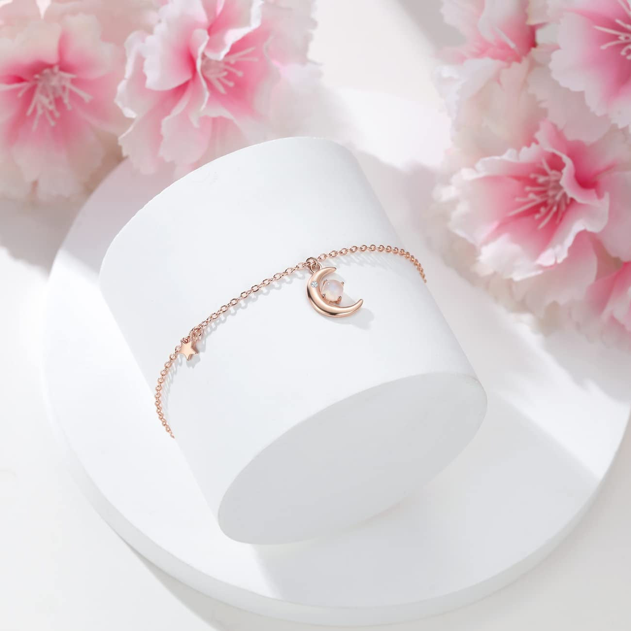 Rose Gold Crescent Moon And Star Moonstone Bracelet