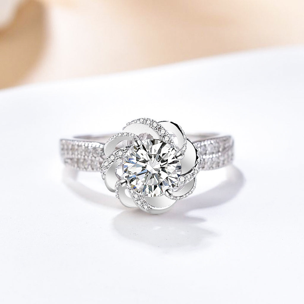 Round Cut Forever One Moissanite Diamond Ring Rose Flower Engagement Ring