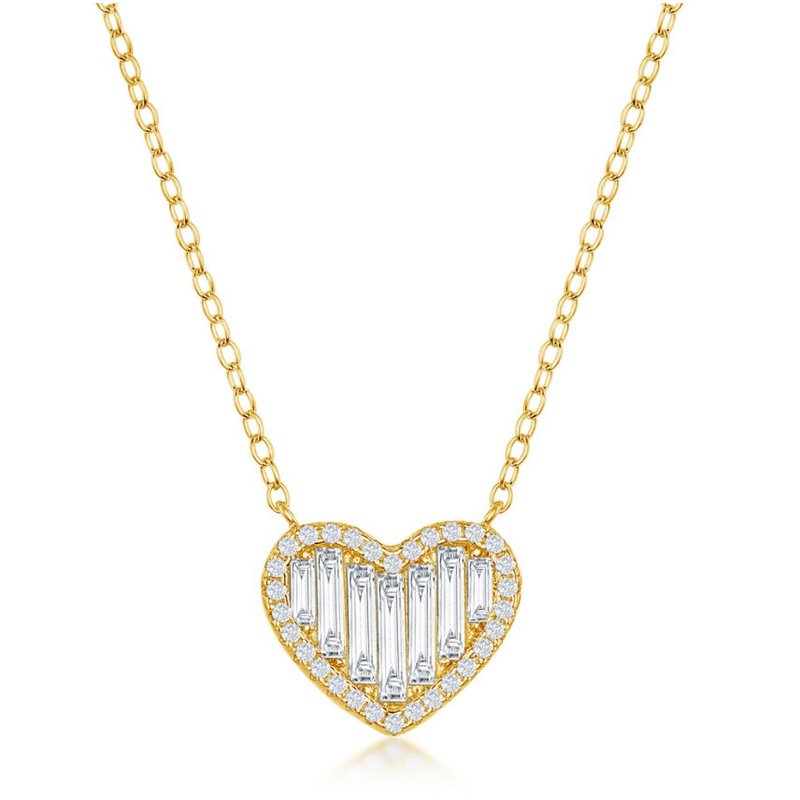 Sterling Silver Round and Baguette CZ Heart Chain Necklace