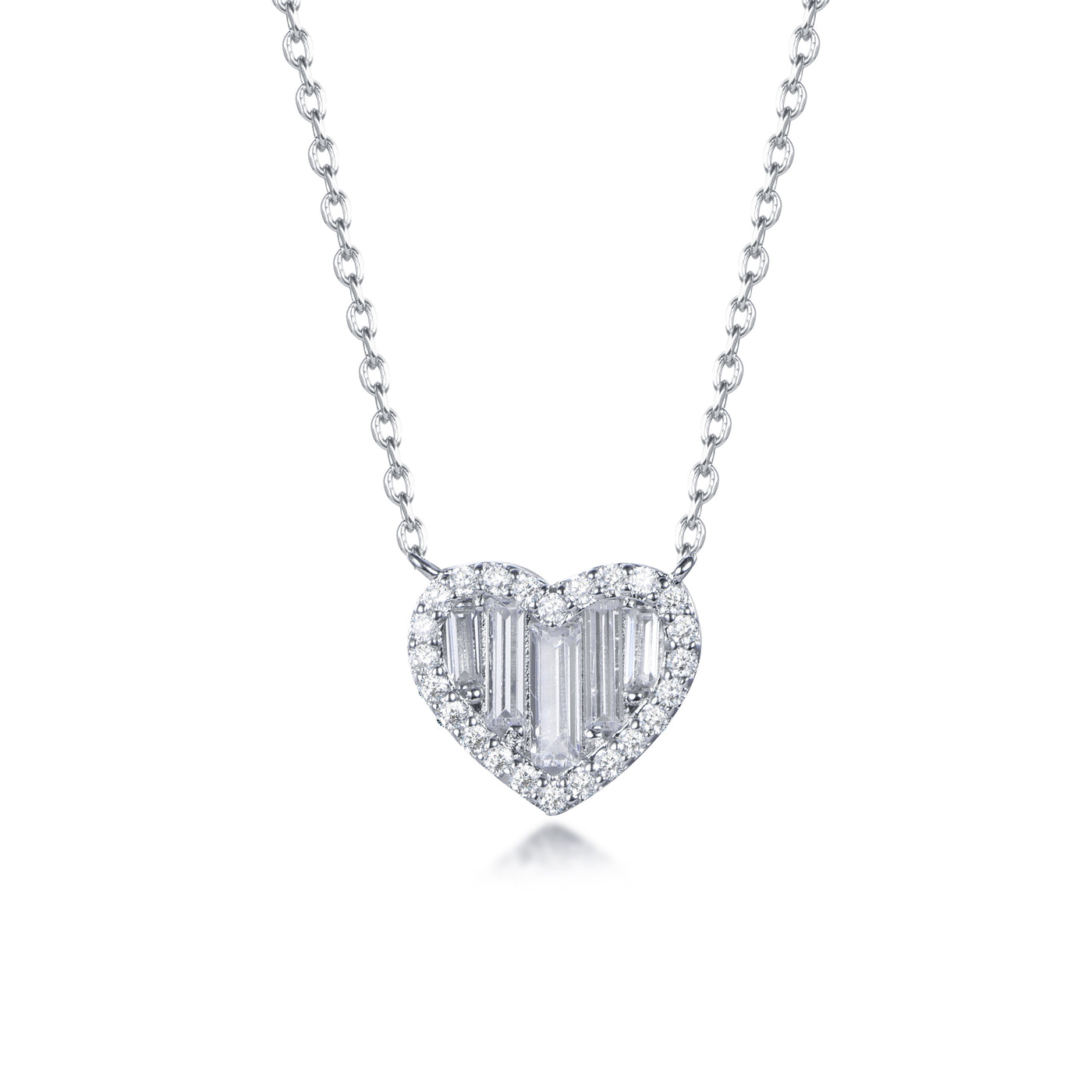 Sterling Silver Round and Baguette CZ Heart Chain Necklace