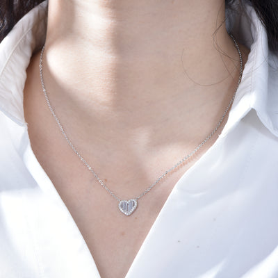 Sterling Silver Round and Baguette CZ Heart Chain Necklace