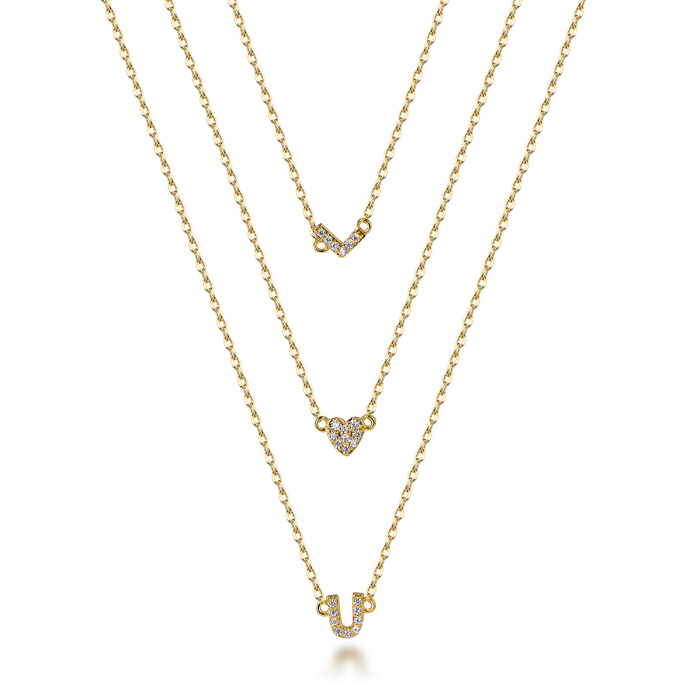 Gold Plated Sterling Silver  CZ I Love You Heart 3 Layered Necklaces