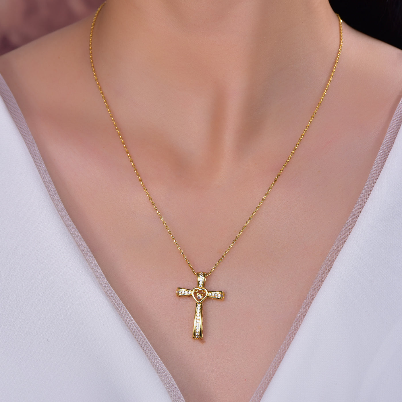 White CZ Diamond Cross Pendant Necklace