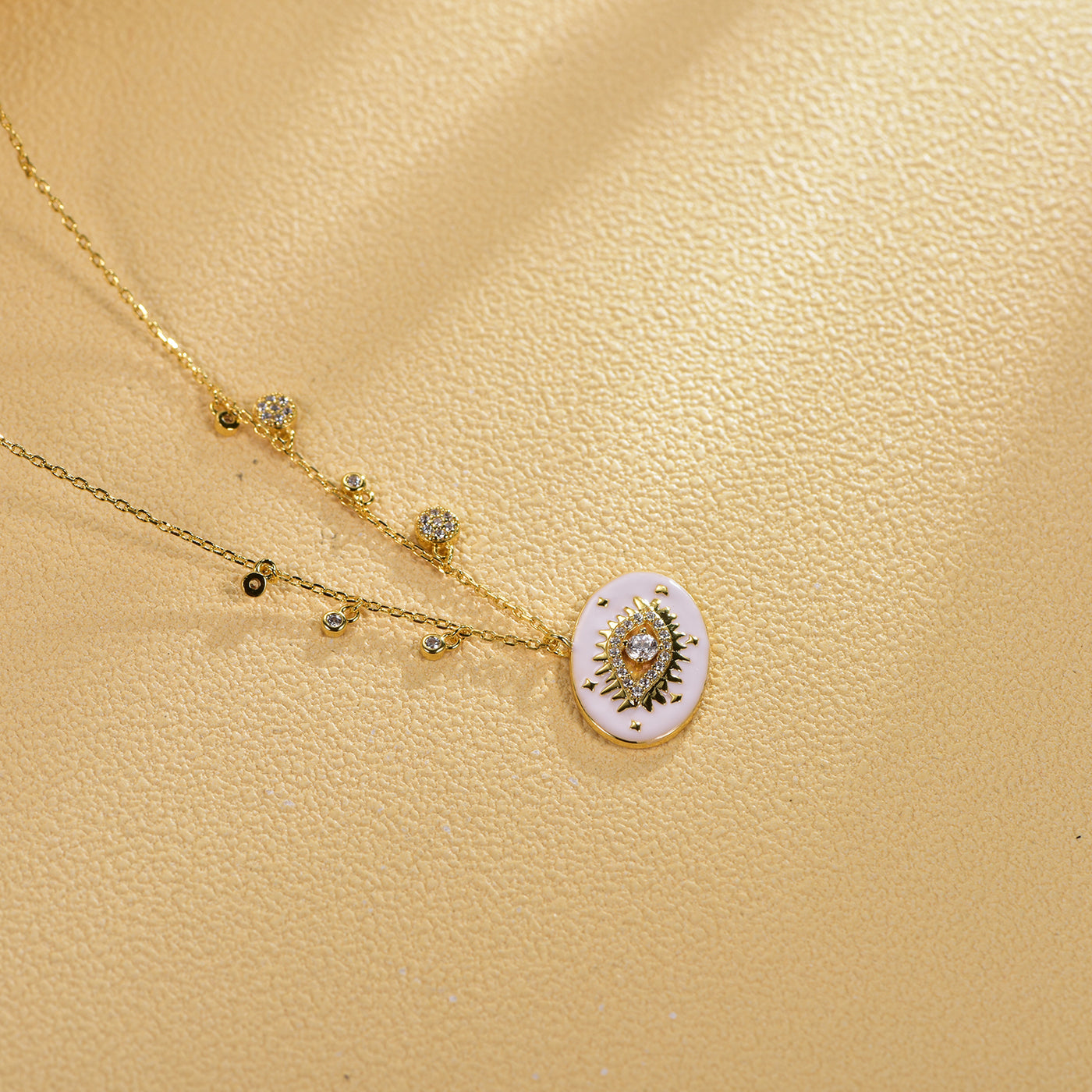 Yellow Gold CZ Diamond Evil Eye Charm Necklace