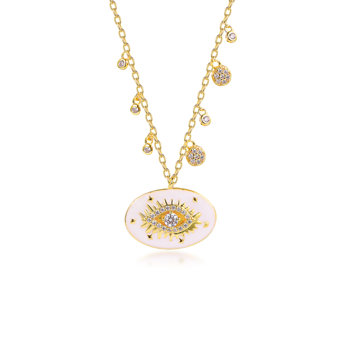 Yellow Gold CZ Diamond Evil Eye Charm Necklace