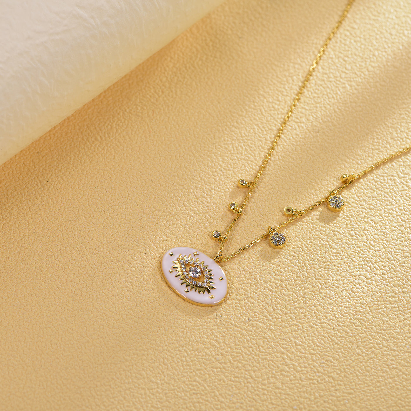 Yellow Gold CZ Diamond Evil Eye Charm Necklace