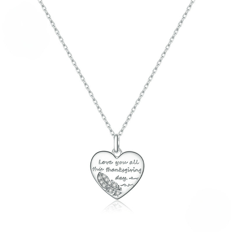 Sterling Silver Heart Shaped Feather Engraved Pendant Necklace