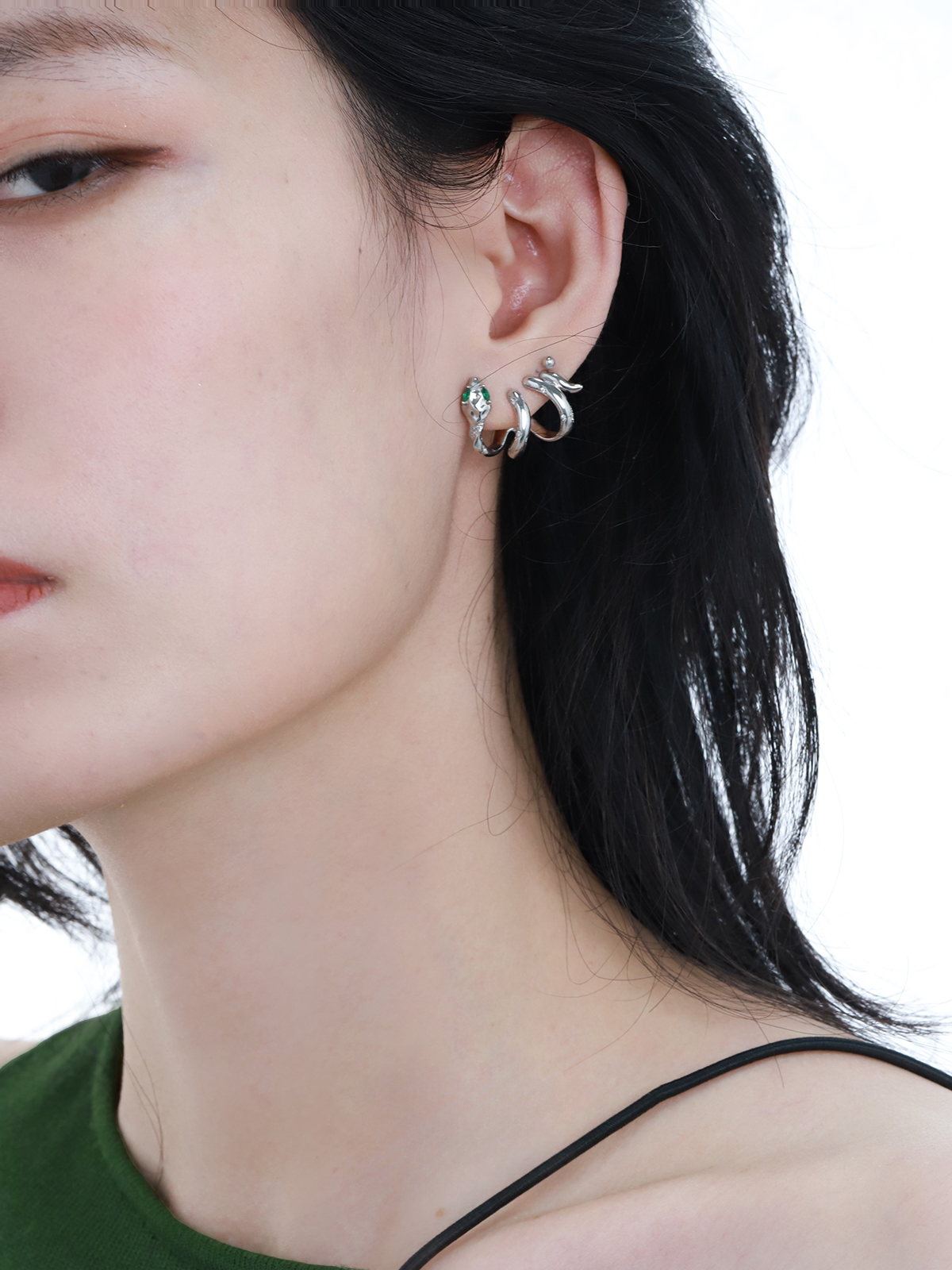 Snake Clip Earrings with Green Eye