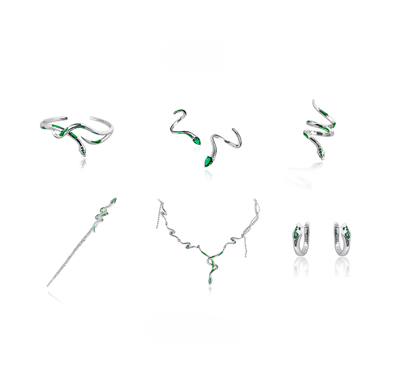 Slytherin Snake Earrings With Green Stones In Color Silver