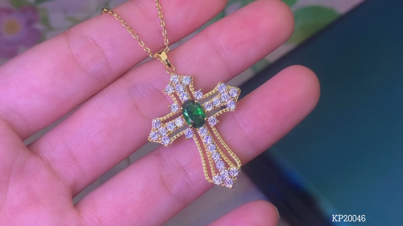 Natural Emerald Cross Pendant Necklace