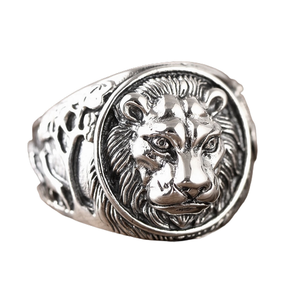 Sterling Silver Lion Head Men Ring Lion King Signet Ring