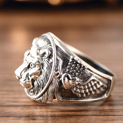 Sterling Silver Lion Head Men Ring Lion King Signet Ring