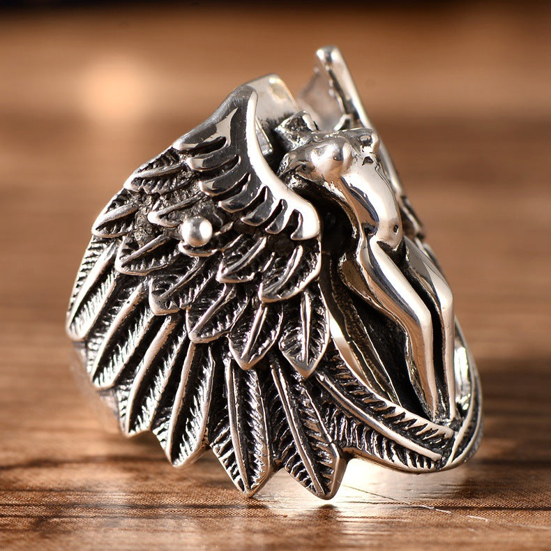 Sterling Silver Vintage Angel Wing Men Ring