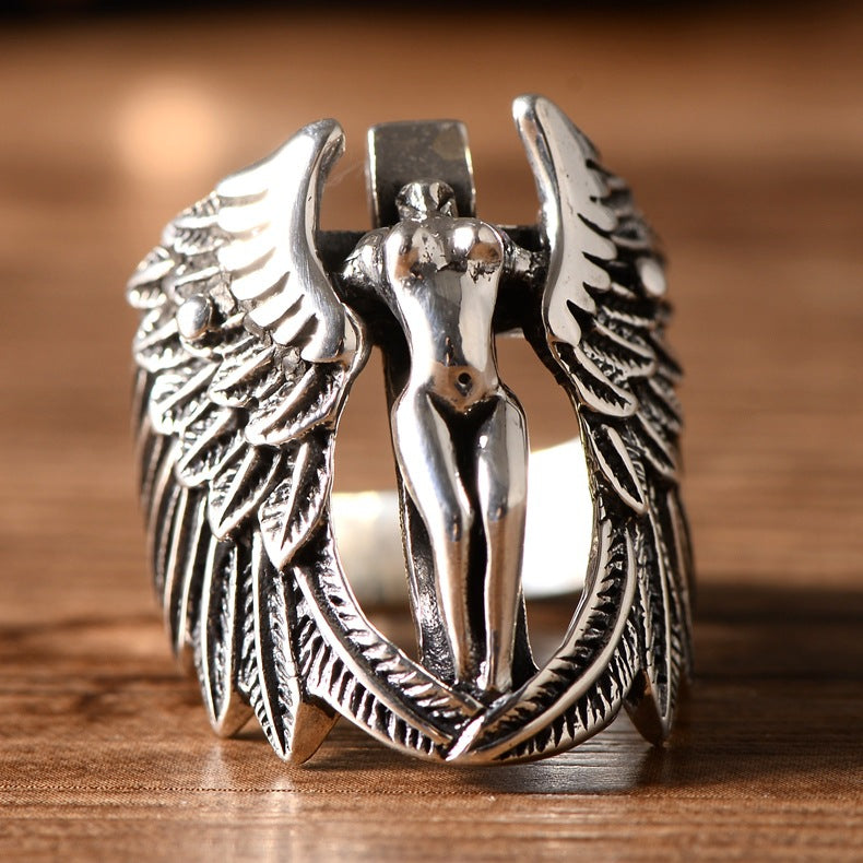 Sterling Silver Vintage Angel Wing Men Ring