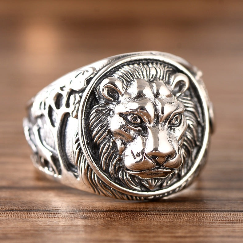 Sterling Silver Lion Head Men Ring Lion King Signet Ring